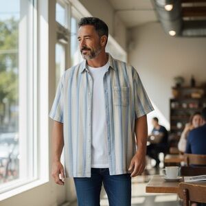 Tommy Bahama | 100% Linen Button Down Short Sleeve Shirt in White Blue Size XXL